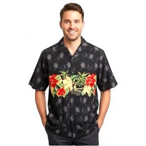 Hilo Hattie Men’s Size M Black Hawaiian Aloha Shirt 100% Cotton